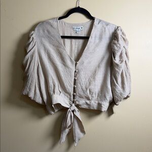 Beige Button-Up Puff Sleeve Crop Top Size Large